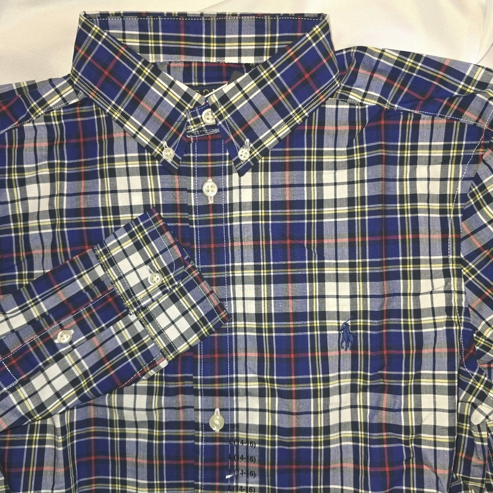 NEW Polo Ralph Lauren Boys BLUE Multi Plaid Cotton Poplin Shirt Size XL (18-20 )